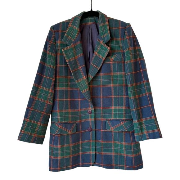 Vintage Signature Expressions Blue Green Wool Plaid Blazer 12 80s Preppy Retro - Picture 3 of 8